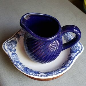 Blue and White Ceramic Mini Pitcher and Bowl Vintage Set